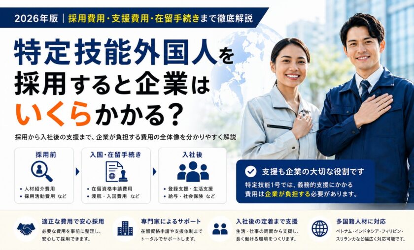 「特定技能外国人を採用すると企業はいくらかかる?2026年版」のチラシ。採用費用、人材紹介費、在留資格手続き、登録支援機関への支援費用、渡航・住居費用など、企業が負担する主な費用を解説。