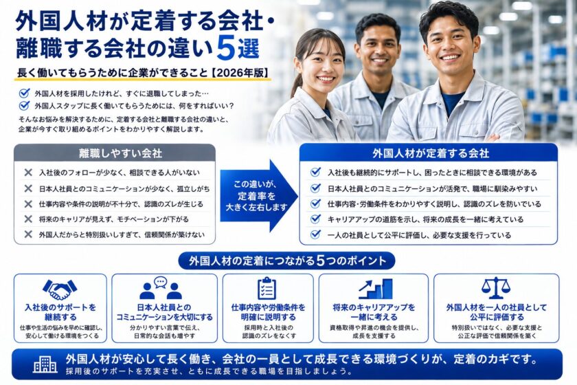 外国人材が定着する会社・離職する会社の違い5選｜長く働いてもらうために企業ができること【2026年版】