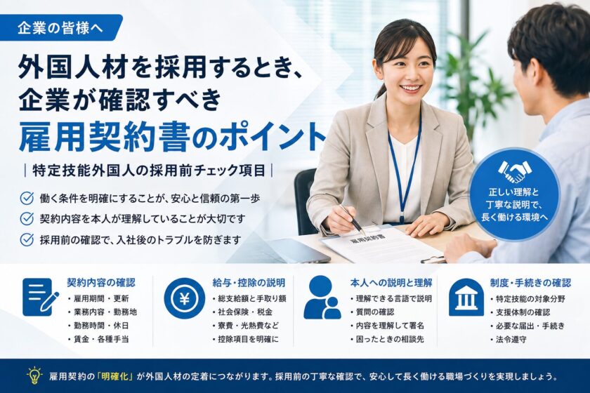外国人材を採用するとき、企業が確認すべき雇用契約書のポイント｜特定技能外国人の採用前チェック項目