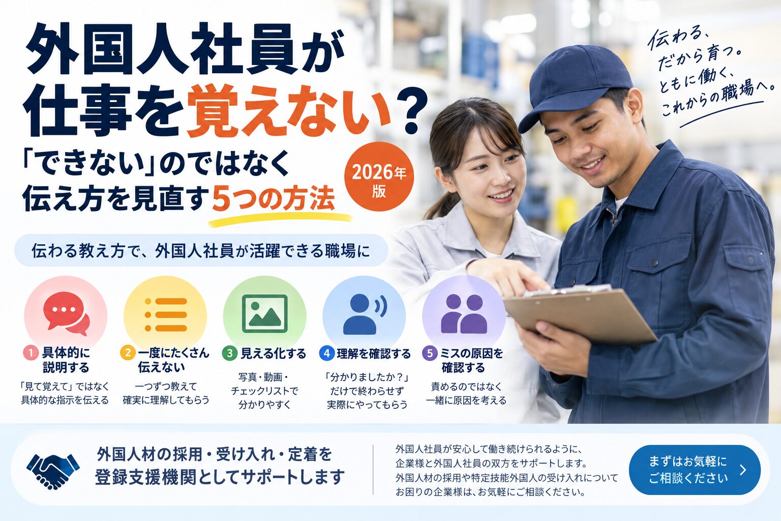 外国人社員への仕事の教え方を見直す5つのポイントを解説するイメージ