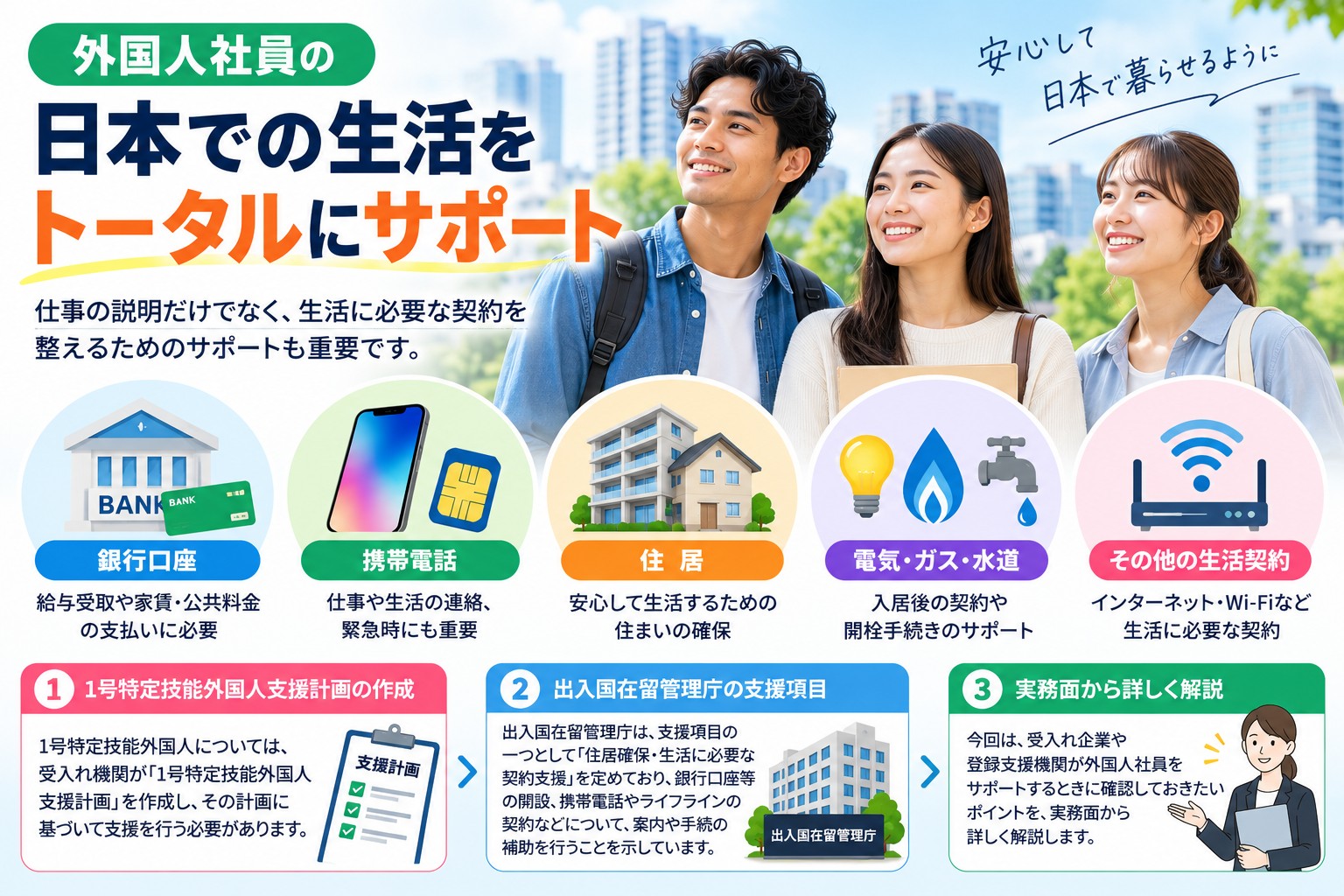 1. 外国人社員の銀行口座・携帯電話・住居契約をサポート