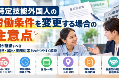 特定技能外国人の労働条件変更に必要な手続きや届出、雇用契約書の更新、本人への説明について確認する企業担当者